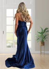 Sophia | Navy Blue Mermaid Halter Pleated Prom Dress Split - Navy Blue - PromDressClub